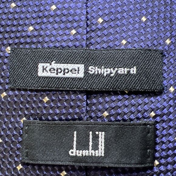 Dunhill Tie Silk Dark Blue Dots Made in England 59"L 3.5"W - Picture 3 of 7